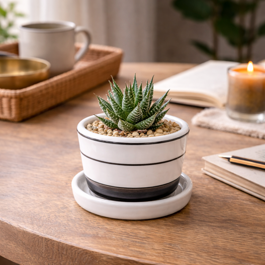House of Elegance Hub Ceramic Planter with Attached Tray (11 × 11 × 10 cm) | Black & White Striped Round Flower Pot for Indoor Plants, Succulents & Home Décor