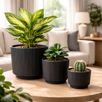 House of Elegance Hub Ceramic Planter Pots Set of 3 (Small, Medium, Large) | Ribbed Design Indoor Plant Pots for Living Room, Balcony & Office | Decorative Planters for Succulents & Home Decor
