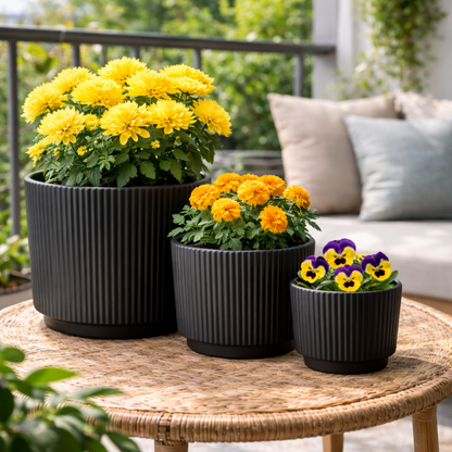 House of Elegance Hub Ceramic Planter Pots Set of 3 (Small, Medium, Large) | Ribbed Design Indoor Plant Pots for Living Room, Balcony & Office | Decorative Planters for Succulents & Home Decor
