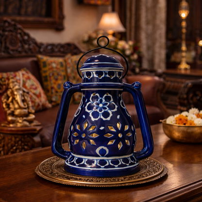House of Elegance Hub Handcrafted Yellow Ceramic Lantern with Handle | 27 cm Height, 23 cm Width | Decorative Candle Holder Lantern | Traditional Home Décor