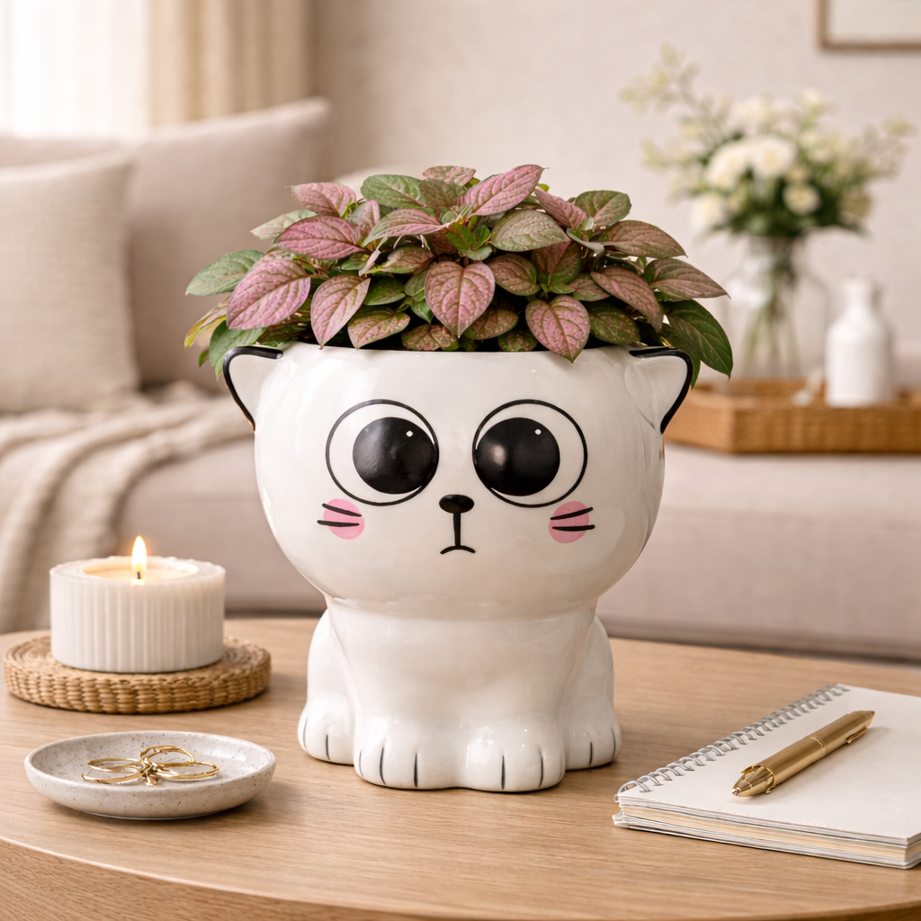 Cute Cat Shaped Ceramic Planter | 8 inch Height × 7.5 inch Diameter | Indoor & Outdoor Pot