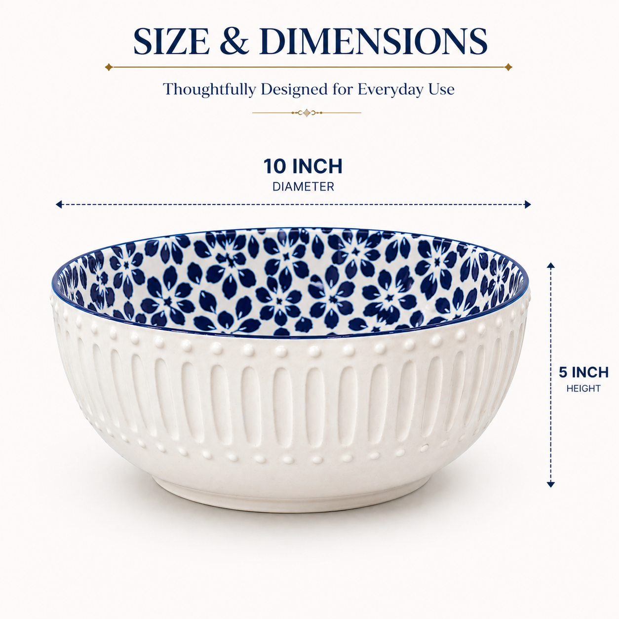 Premium Ceramic Serving Bowl (10 Inch, 5 Inch Height) | Blue & White Pattern | Large Salad, Fruit & Snack Bowl | Microwave & Dishwasher Safe | Elegant Dining Bowl – House of Elegance Hub