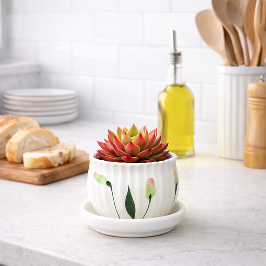 House of Elegance Hub 4 Inch Ceramic Planter Pot with Attached Saucer Tray | Premium Imported Ceramic Indoor Plant Pot for Succulents, Cactus & Bonsai | Decorative Small Flower Pot for Home, Office, Desk & Table Decor (White)