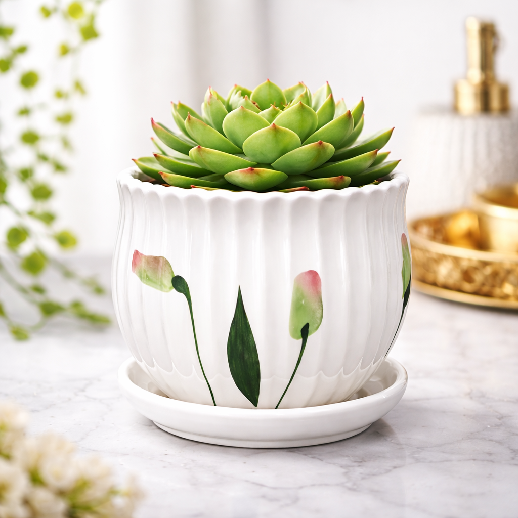 House of Elegance Hub 4 Inch Ceramic Planter Pot with Attached Saucer Tray | Premium Imported Ceramic Indoor Plant Pot for Succulents, Cactus & Bonsai | Decorative Small Flower Pot for Home, Office, Desk & Table Decor (White)