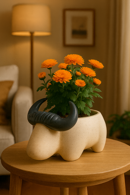 Bull-Shaped Ceramic Planter – 20 cm Length, 12 cm Height, 12 cm Width | Unique Animal Planter
