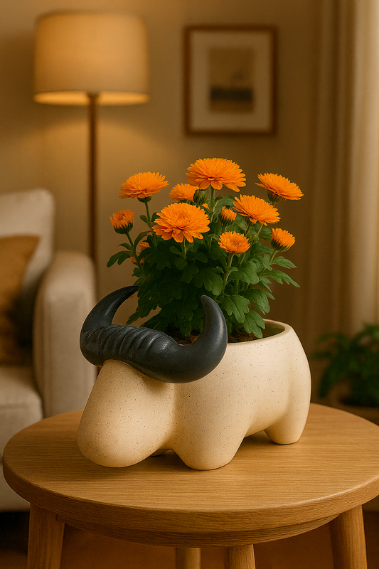 Bull-Shaped Ceramic Planter – 20 cm Length, 12 cm Height, 12 cm Width | Unique Animal Planter