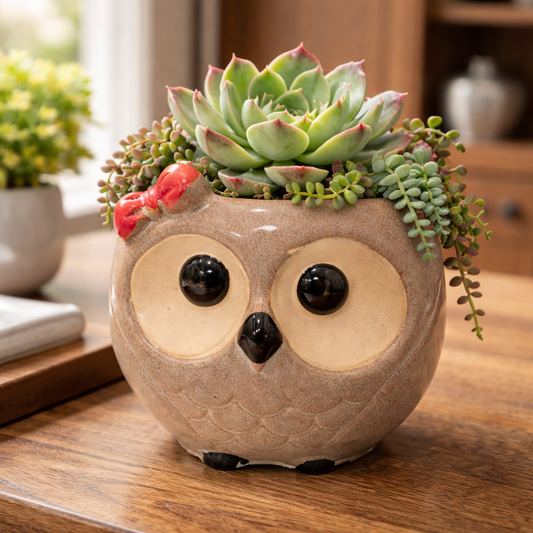 House of Elegance Hub Cute Owl Ceramic Planter | Small Decorative Owl Pot for Succulents & Indoor Plants | Tabletop Home Décor Planter (6.5 cm)