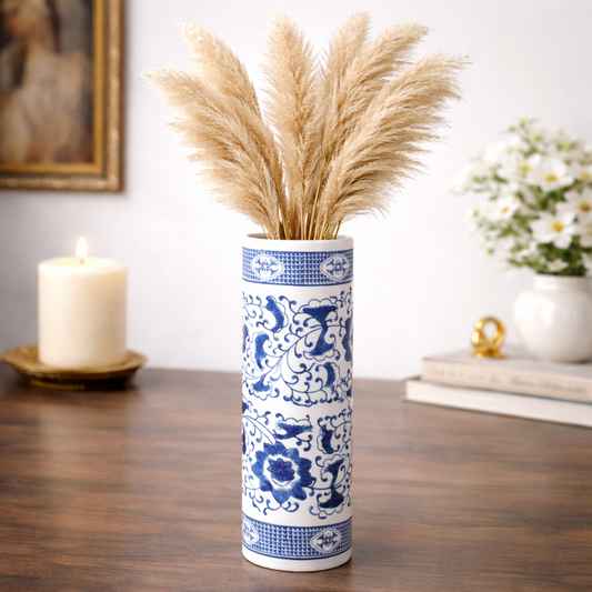 House of Elegance Hub 13 Inch Imported Porcelain Decorative Flower Vase | Blue & White Ceramic Tall Vase for Living Room, Table, Shelf & Home Decor | Elegant Floral Design Vase