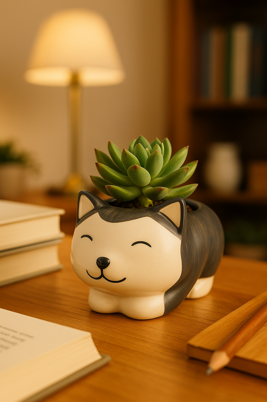 Cute Husky Dog Ceramic Planter – Mini Animal Succulent Pot for Home & Office Decor (11 × 7 × 7 cm)
