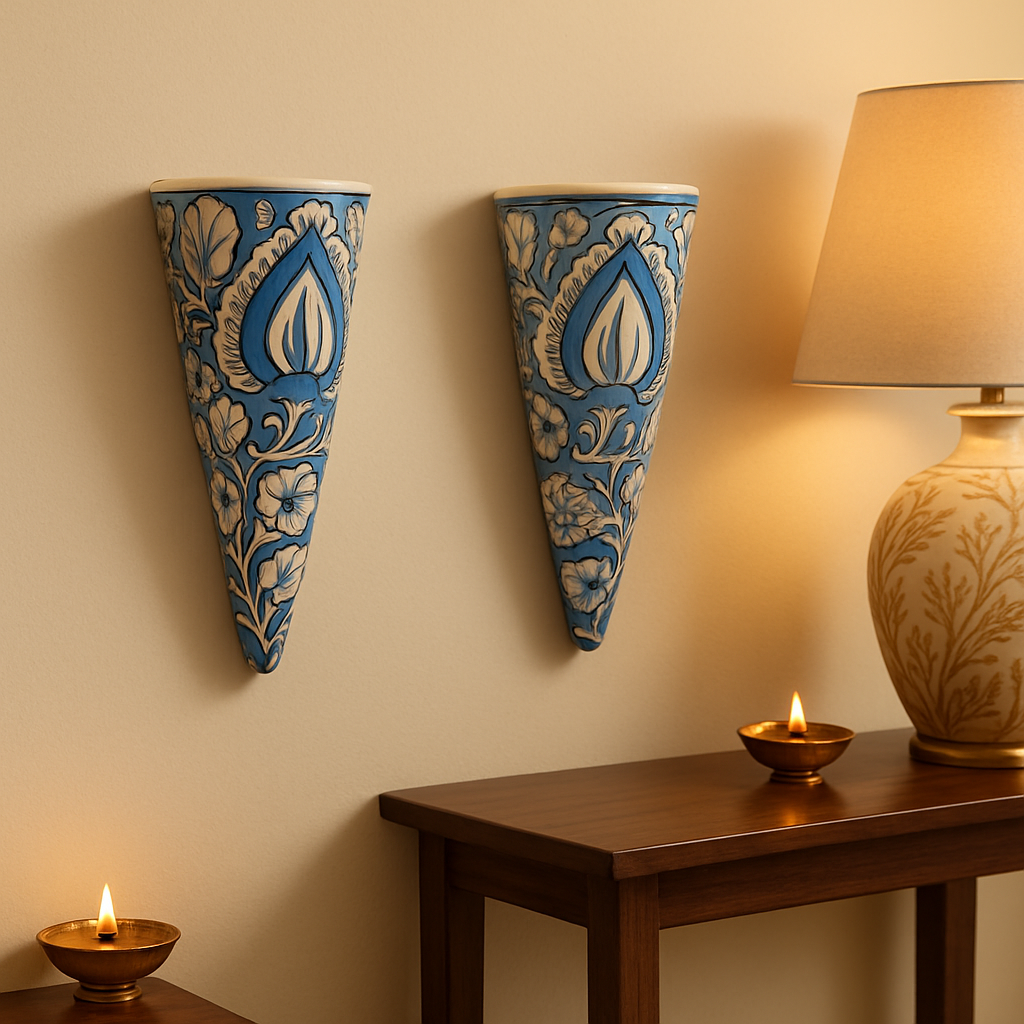 Blue Pottery Wall Vase - Set of 2