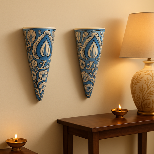 Blue Pottery Wall Vase - Set of 2