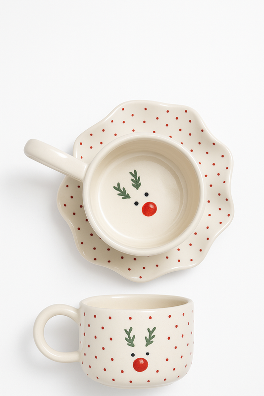 Christmas Ceramic Cup & Plate Set – Festive Red & Green Hand-Painted Design