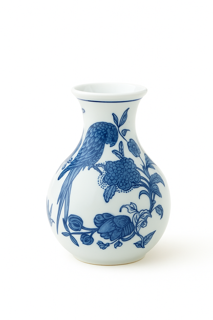Chinese Porcelain Vase | Blue & White Ceramic Flower Vase (16.5 cm) | Bird & Floral Design | Oriental Decorative Pot for Living Room, Bedroom & Table Décor