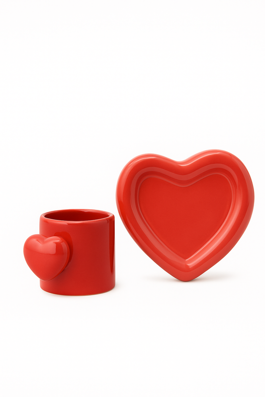 Red Heart Handle Cup with Heart-Shaped Saucer | Ceramic Coffee Cup Set | 8 cm (Height) × 11 cm (Width including handle)