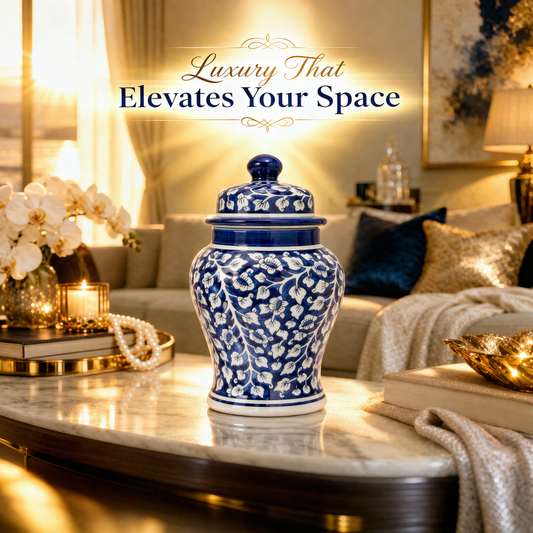House of Elegance Hub 10 Inch Ceramic Ginger Jar with Lid | Blue & White Floral Storage Jar | Decorative Jar for Home Decor, Kitchen Storage, Dry Fruits & Candy | Premium Porcelain Container