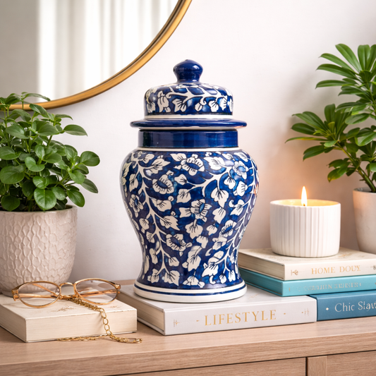 House of Elegance Hub 10 Inch Ceramic Ginger Jar with Lid | Blue & White Floral Storage Jar | Decorative Jar for Home Decor, Kitchen Storage, Dry Fruits & Candy | Premium Porcelain Container