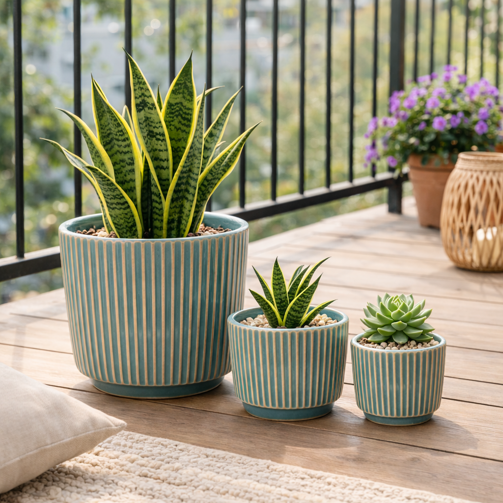 Modern Black / White Ceramic Planter (Set of 3 ) | Elegant Black / White Ribbed Design