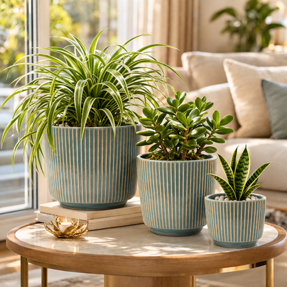Modern Black / White Ceramic Planter (Set of 3 ) | Elegant Black / White Ribbed Design