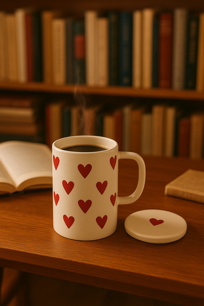 Long Ceramic Heart Mug with Lid – 12.5 cm Tall Coffee Cup | Cute Valentine Gift | Hot Beverage Mug
