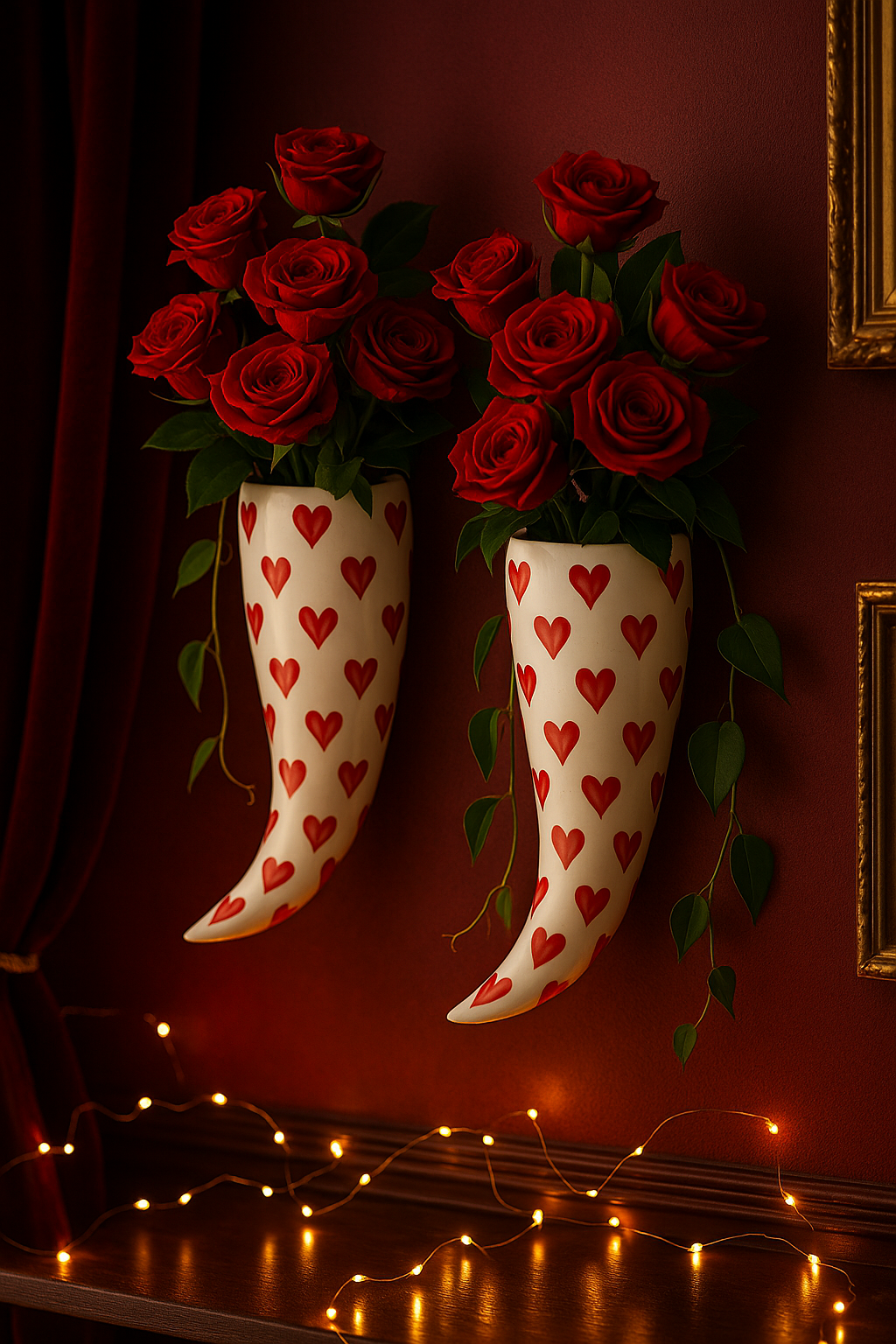 Heart Print Horn-Shaped Wall Vase (set of 2) – Ceramic Hanging Wall Decor (27 cm)