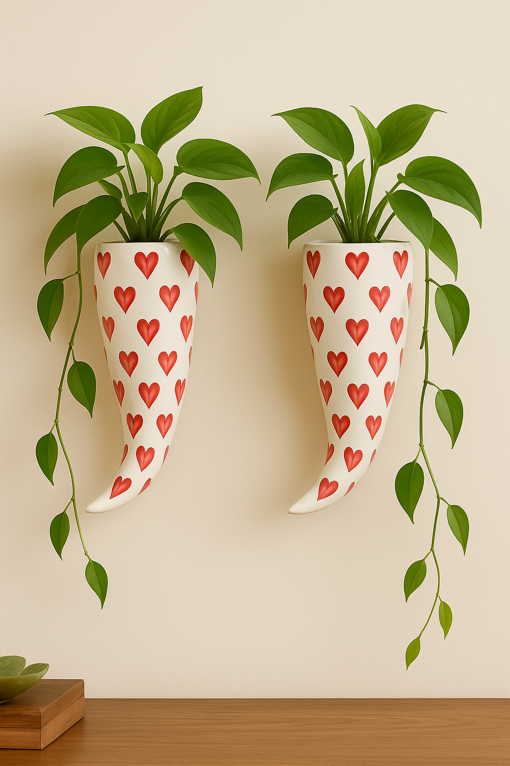 Heart Print Horn-Shaped Wall Vase (set of 2) – Ceramic Hanging Wall Decor (27 cm)