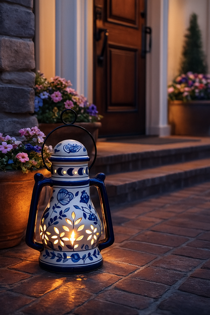 House of Elegance Hub Handcrafted Yellow Ceramic Lantern with Handle | 27 cm Height, 23 cm Width | Decorative Candle Holder Lantern | Traditional Home Décor