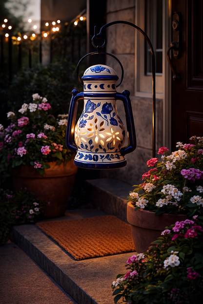 House of Elegance Hub Handcrafted Yellow Ceramic Lantern with Handle | 27 cm Height, 23 cm Width | Decorative Candle Holder Lantern | Traditional Home Décor