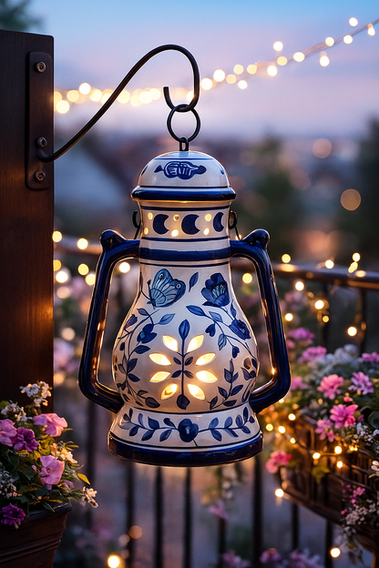 House of Elegance Hub Handcrafted Yellow Ceramic Lantern with Handle | 27 cm Height, 23 cm Width | Decorative Candle Holder Lantern | Traditional Home Décor