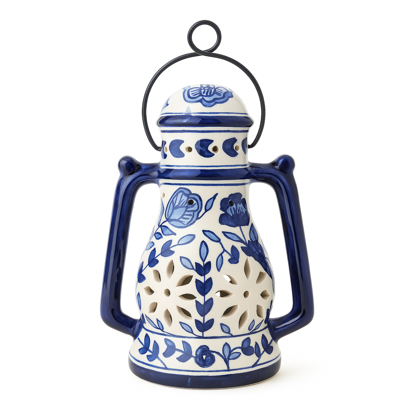 House of Elegance Hub Handcrafted Yellow Ceramic Lantern with Handle | 27 cm Height, 23 cm Width | Decorative Candle Holder Lantern | Traditional Home Décor