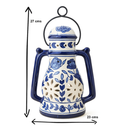 House of Elegance Hub Handcrafted Yellow Ceramic Lantern with Handle | 27 cm Height, 23 cm Width | Decorative Candle Holder Lantern | Traditional Home Décor