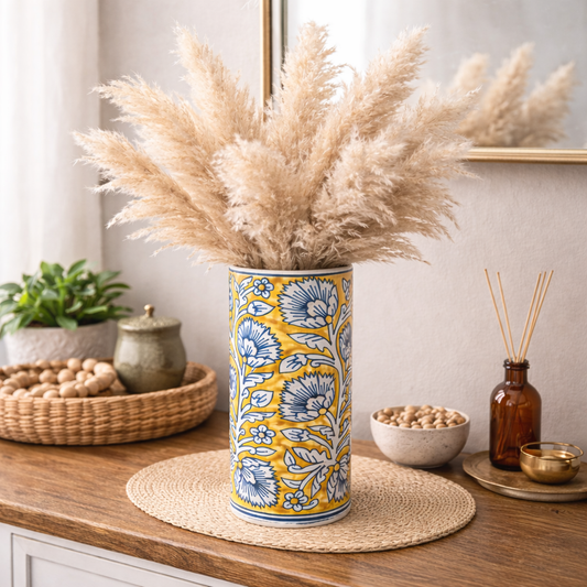 House of Elegance Hub Handcrafted Ceramic Tall Vase | Yellow & Blue Floral Design | 26 cm Decorative Flower Vase for Living Room, Dining Table & Home Décor