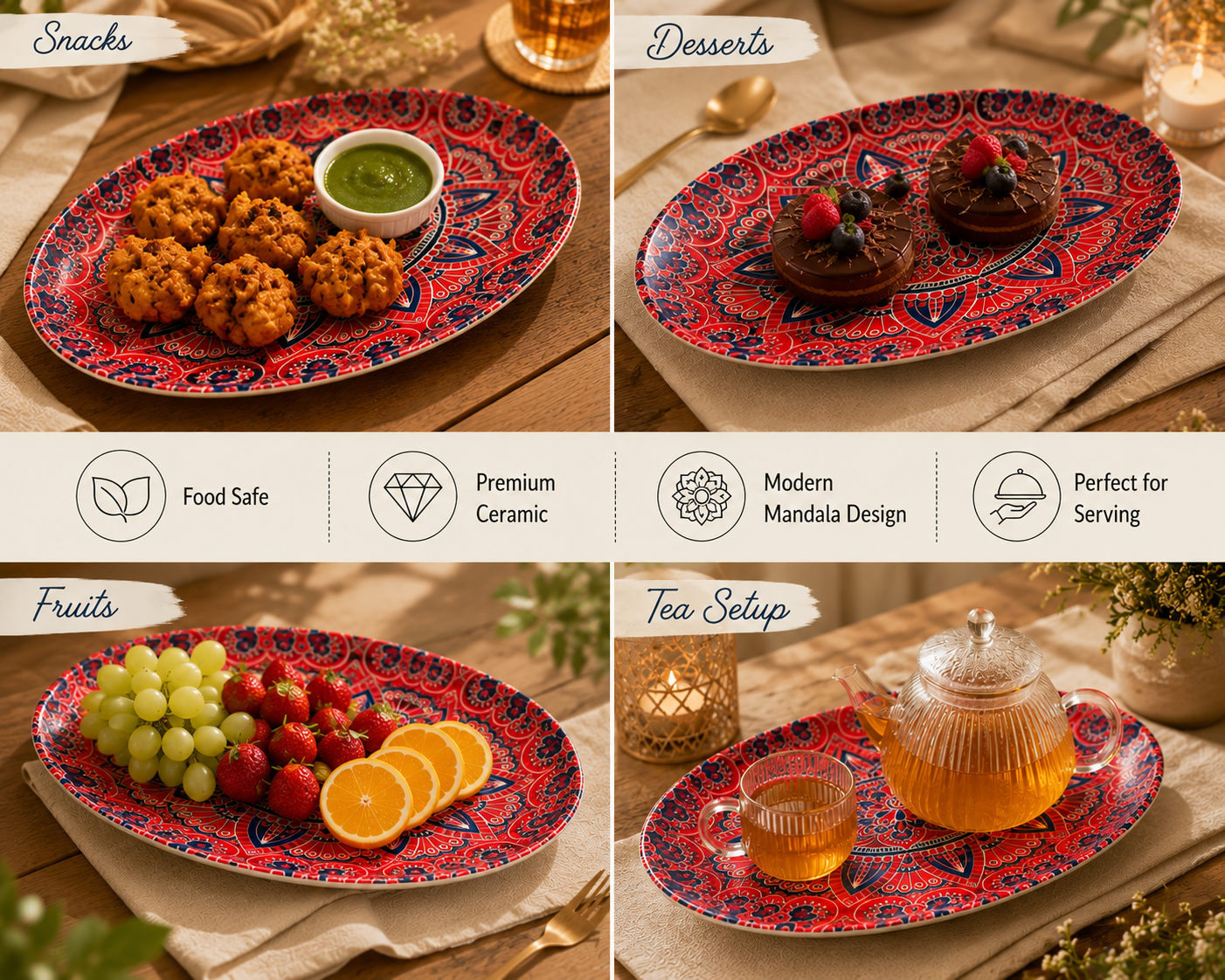 House of Elegance Hub Oval Ceramic Serving Plate | Mandala Design Decorative Platter for Snacks, Desserts, Fruits & Tea Serving | Premium Gloss Finish Oval Plate | 27 x 17 cm