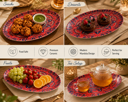 House of Elegance Hub Oval Ceramic Serving Plate | Mandala Design Decorative Platter for Snacks, Desserts, Fruits & Tea Serving | Premium Gloss Finish Oval Plate | 27 x 17 cm