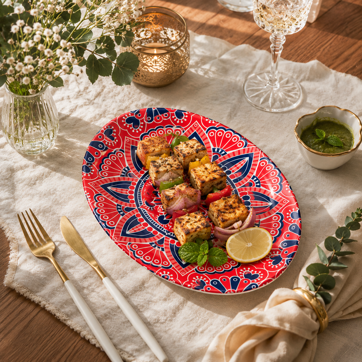 House of Elegance Hub Oval Ceramic Serving Plate | Mandala Design Decorative Platter for Snacks, Desserts, Fruits & Tea Serving | Premium Gloss Finish Oval Plate | 27 x 17 cm