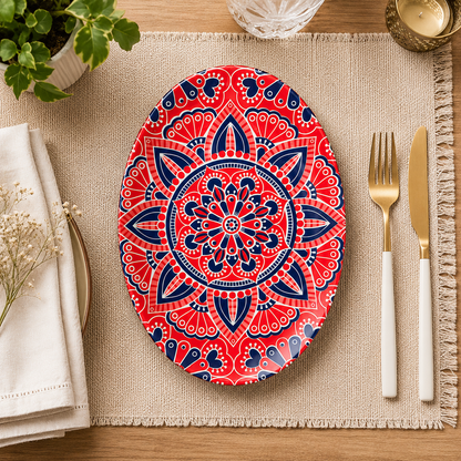 House of Elegance Hub Oval Ceramic Serving Plate | Mandala Design Decorative Platter for Snacks, Desserts, Fruits & Tea Serving | Premium Gloss Finish Oval Plate | 27 x 17 cm
