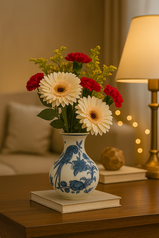 Chinese Porcelain Vase | Blue & White Ceramic Flower Vase (16.5 cm) | Bird & Floral Design | Oriental Decorative Pot for Living Room, Bedroom & Table Décor