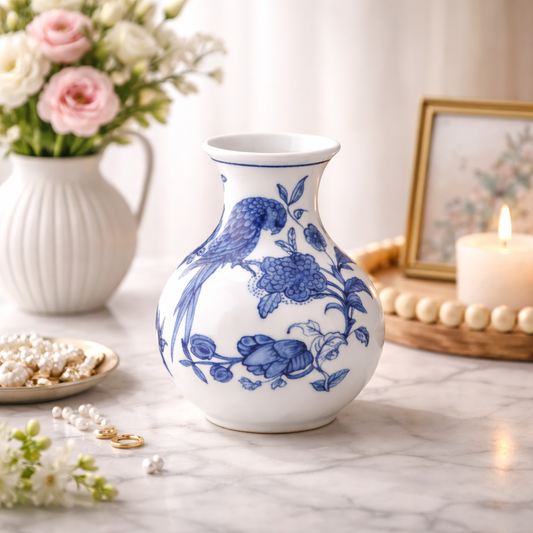 Chinese Porcelain Vase | Blue & White Ceramic Flower Vase (16.5 cm) | Bird & Floral Design | Oriental Decorative Pot for Living Room, Bedroom & Table Décor