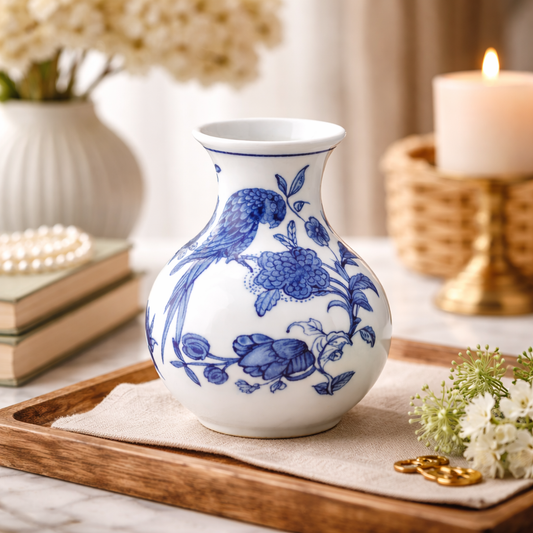 Chinese Porcelain Vase | Blue & White Ceramic Flower Vase (16.5 cm) | Bird & Floral Design | Oriental Decorative Pot for Living Room, Bedroom & Table Décor