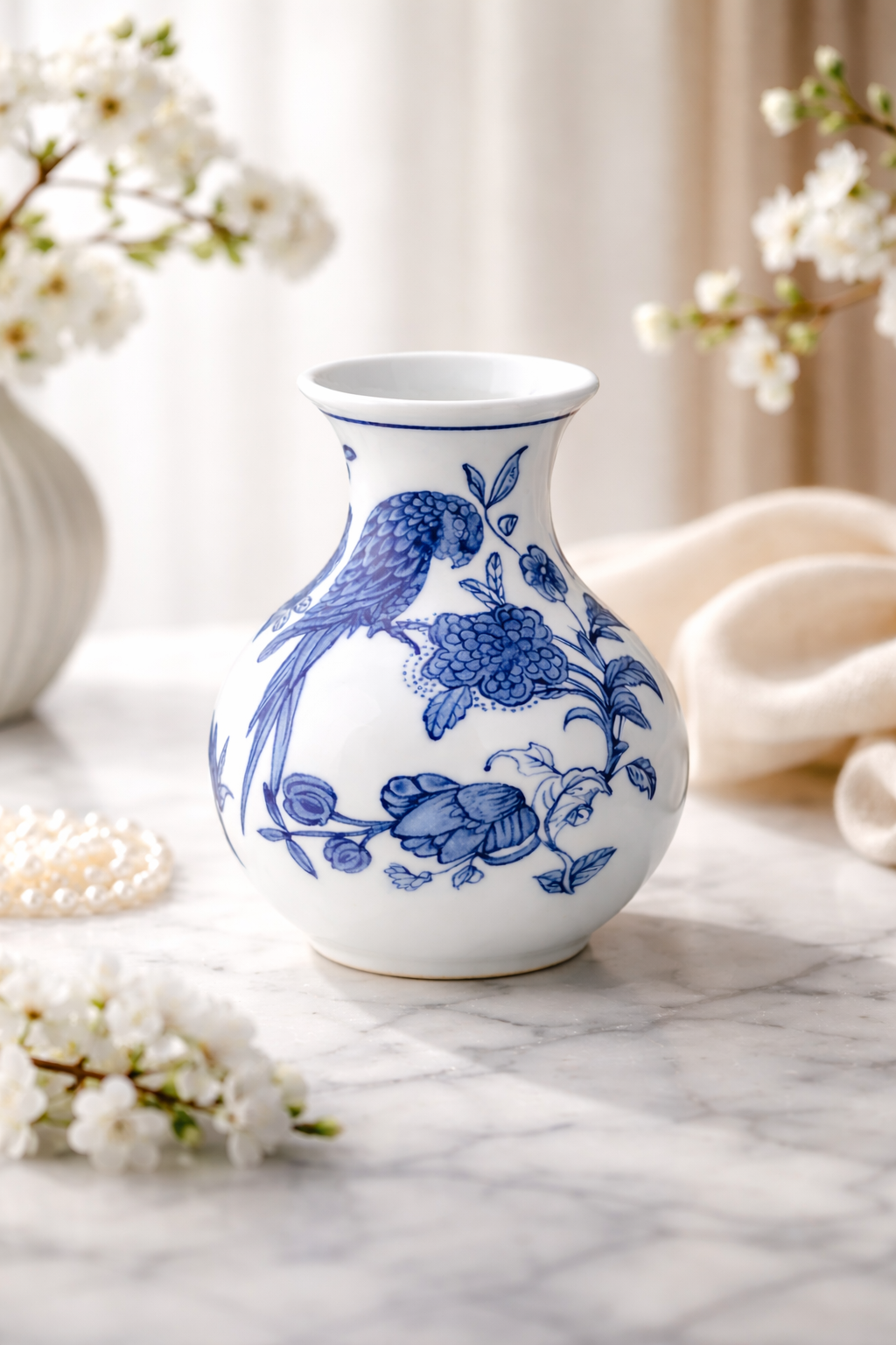Chinese Porcelain Vase | Blue & White Ceramic Flower Vase (16.5 cm) | Bird & Floral Design | Oriental Decorative Pot for Living Room, Bedroom & Table Décor