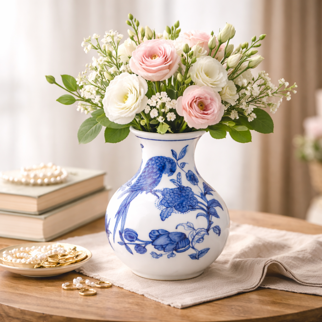 Chinese Porcelain Vase | Blue & White Ceramic Flower Vase (16.5 cm) | Bird & Floral Design | Oriental Decorative Pot for Living Room, Bedroom & Table Décor