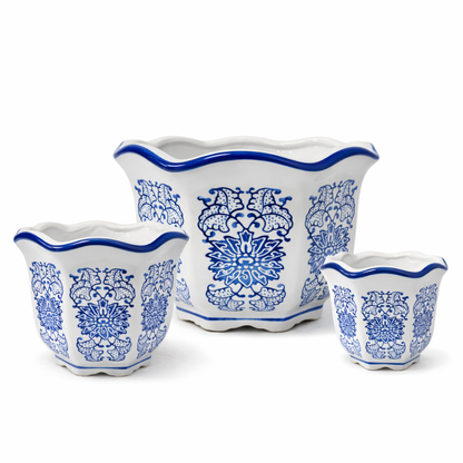 Set of 3 Blue & White Porcelain Planters – Imported Ceramic Flower Pots with Drainage, Decorative Indoor Plant Pots for Living Room, Balcony & Office Decor (Large, Medium, Small)