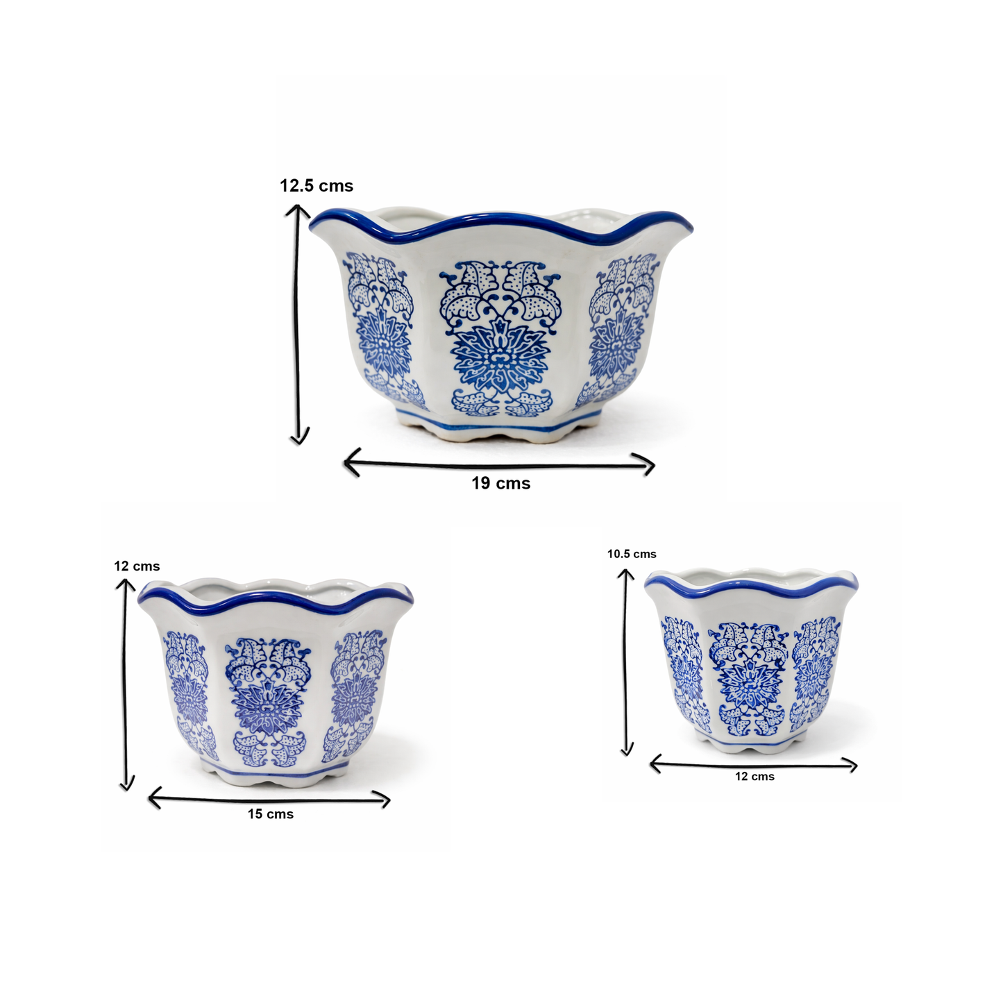 Set of 3 Blue & White Porcelain Planters – Imported Ceramic Flower Pots with Drainage, Decorative Indoor Plant Pots for Living Room, Balcony & Office Decor (Large, Medium, Small)