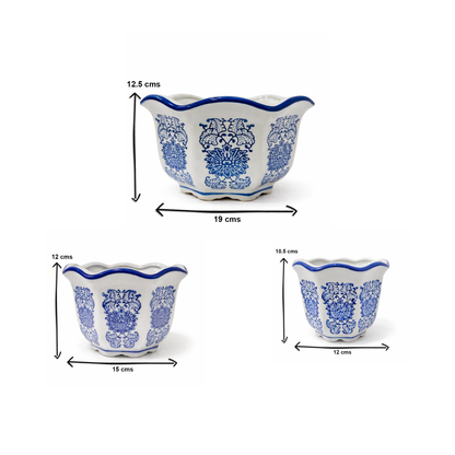 Set of 3 Blue & White Porcelain Planters – Imported Ceramic Flower Pots with Drainage, Decorative Indoor Plant Pots for Living Room, Balcony & Office Decor (Large, Medium, Small)