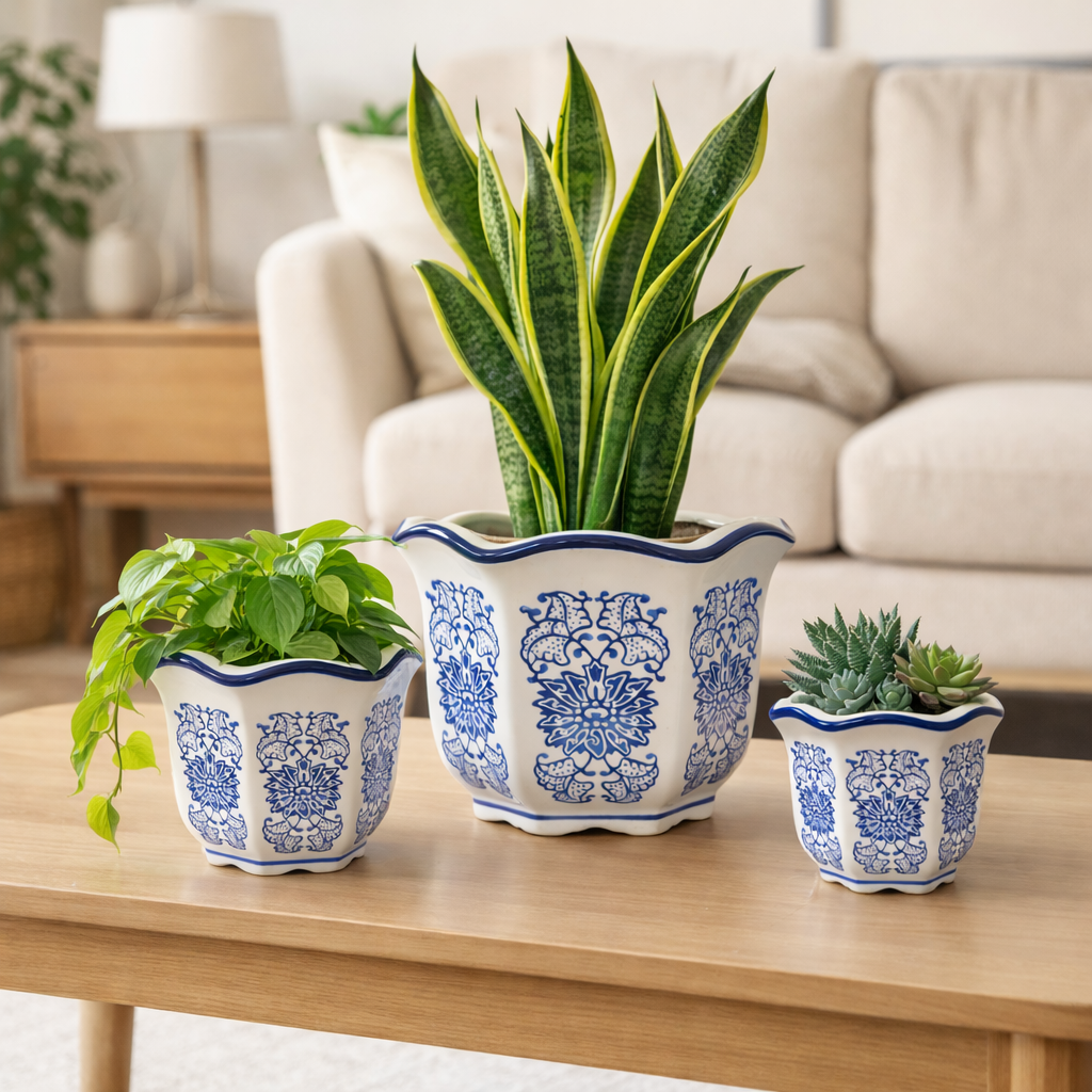 Set of 3 Blue & White Porcelain Planters – Imported Ceramic Flower Pots with Drainage, Decorative Indoor Plant Pots for Living Room, Balcony & Office Decor (Large, Medium, Small)