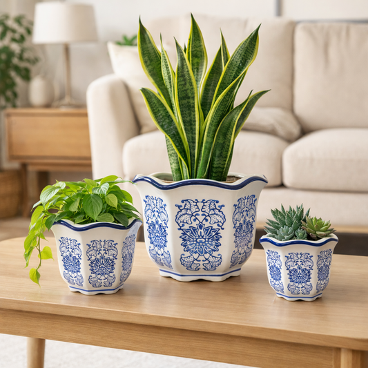 Set of 3 Blue & White Porcelain Planters – Imported Ceramic Flower Pots with Drainage, Decorative Indoor Plant Pots for Living Room, Balcony & Office Decor (Large, Medium, Small)