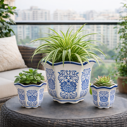 Set of 3 Blue & White Porcelain Planters – Imported Ceramic Flower Pots with Drainage, Decorative Indoor Plant Pots for Living Room, Balcony & Office Decor (Large, Medium, Small)