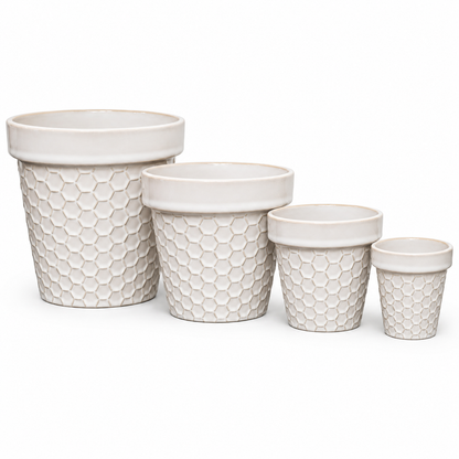 House of Elegance Hub Ceramic Planter Set of 4 | White Embossed Indoor Plant Pots for Home Décor | Modern Decorative Ceramic Flower Pots for Succulents, Snake Plant, Pothos & Indoor Plants