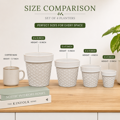 House of Elegance Hub Ceramic Planter Set of 4 | White Embossed Indoor Plant Pots for Home Décor | Modern Decorative Ceramic Flower Pots for Succulents, Snake Plant, Pothos & Indoor Plants