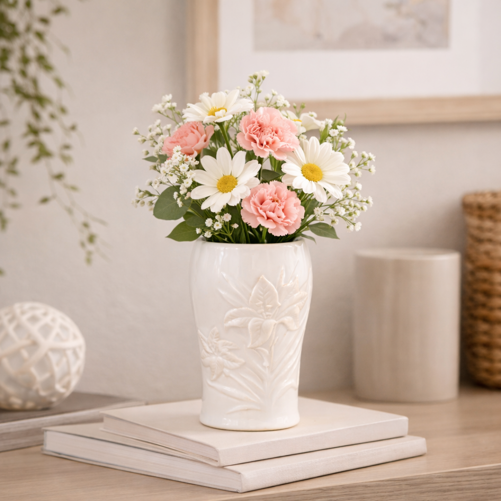 House of Elegance Hub 5 Inch Imported Porcelain Flower Vase | Premium White Embossed Decorative Vase for Living Room, Dining Table & Shelf Decor | Small Flower Vase for Home, Office, Centerpiece