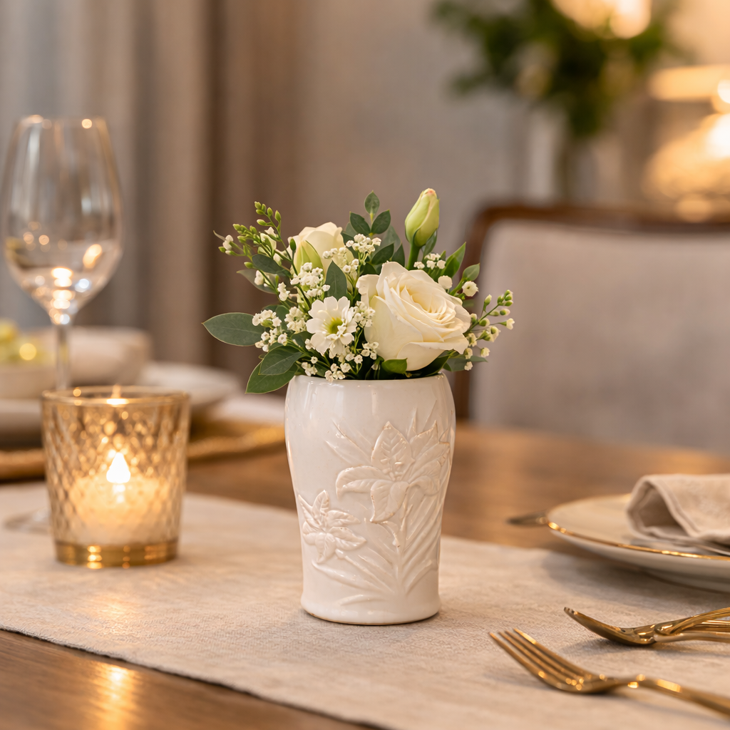 House of Elegance Hub 5 Inch Imported Porcelain Flower Vase | Premium White Embossed Decorative Vase for Living Room, Dining Table & Shelf Decor | Small Flower Vase for Home, Office, Centerpiece